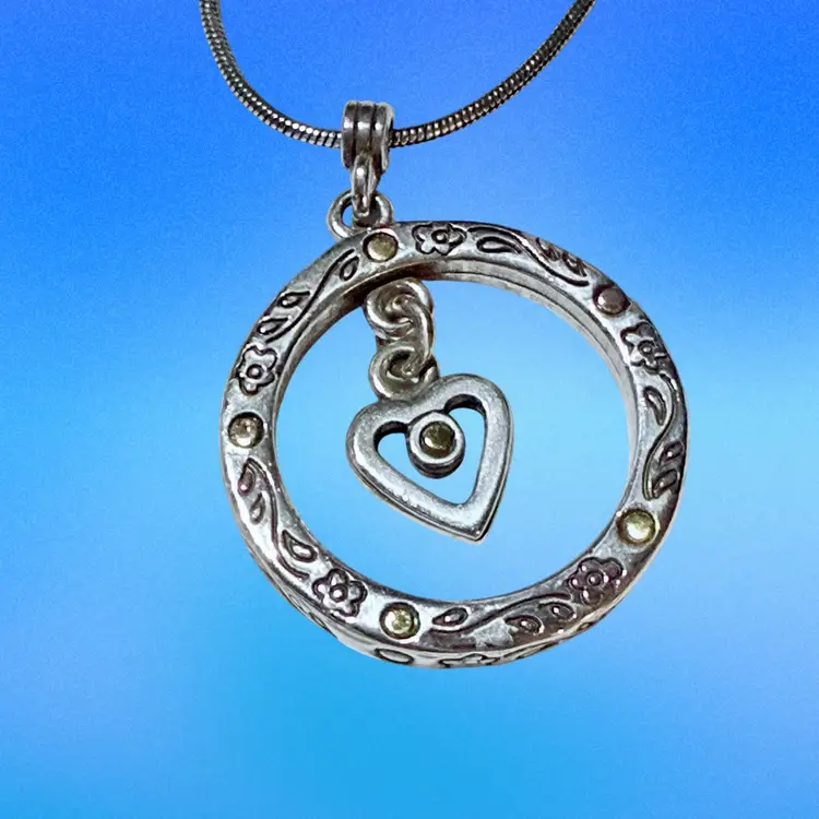 Brighton Trusting Heart Love Floral Etched Pendant w Heart Centerpiece Silver Plated Necklace w Crystal Accent