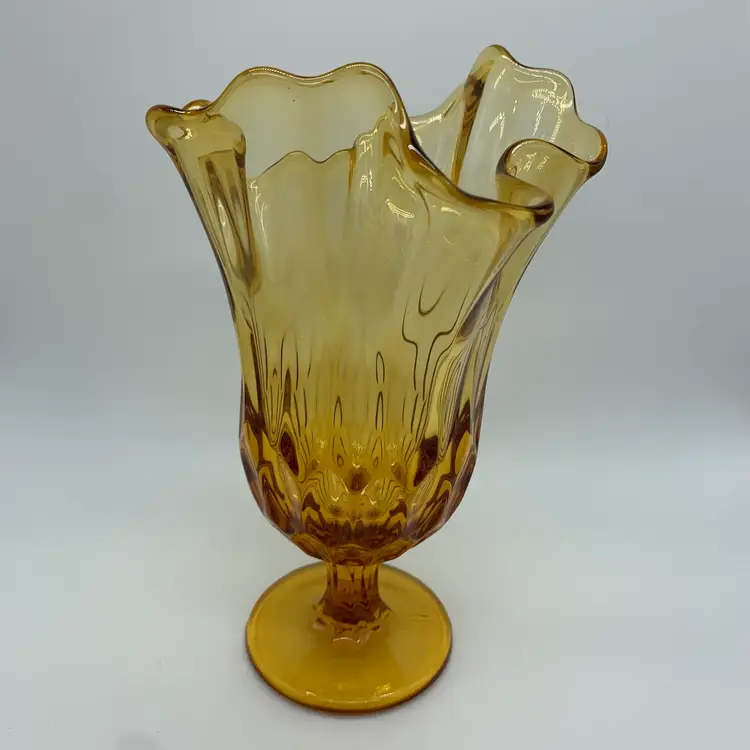 Vintage Fenton (?) Vase Colonial Amber Thumbprint Handkerchief Swung Vase MCM