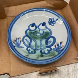Vintage M.A. Hadley Small Trinket 4" Plate Frog & Dragonfly Stoneware Pottery