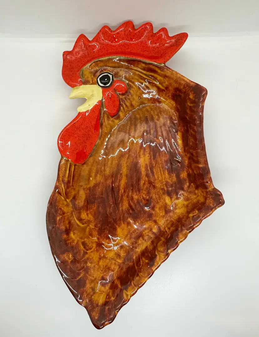 Handmade Rooster Serving Platter Dish Pottery Hobbyist Chicken Holiday Egg Tray
