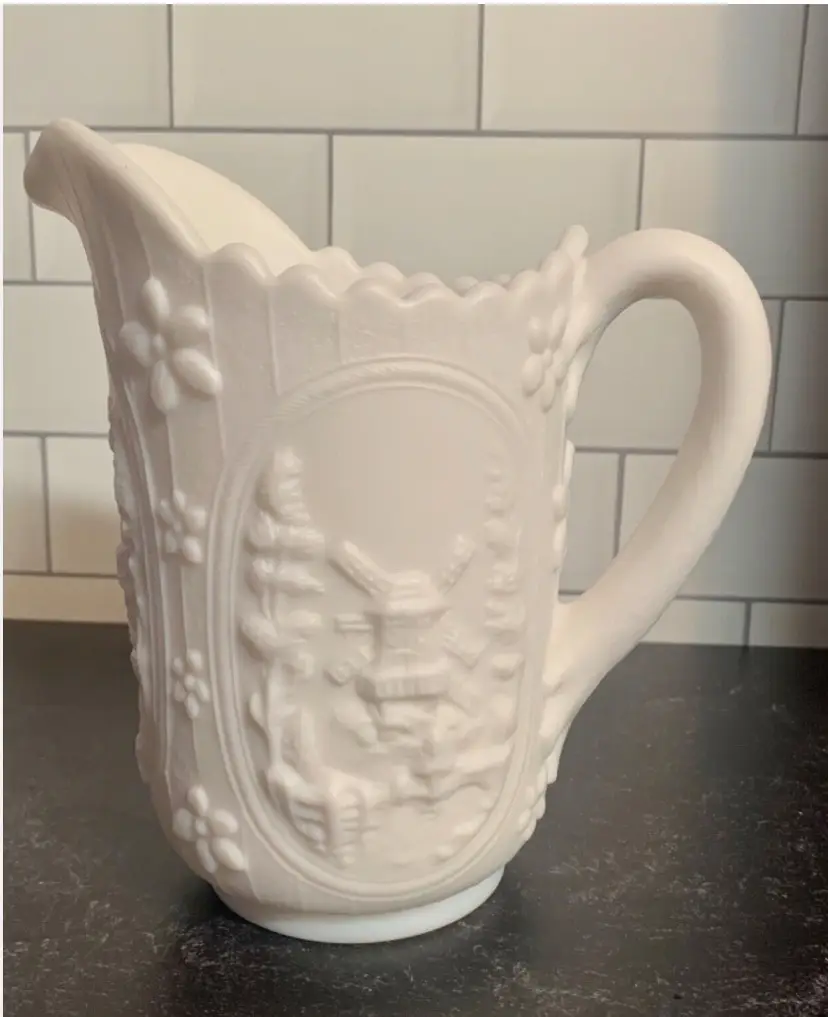 Imperial Glass White Satin Milk Glass Dutch Windmill Pitcher 16 oz.