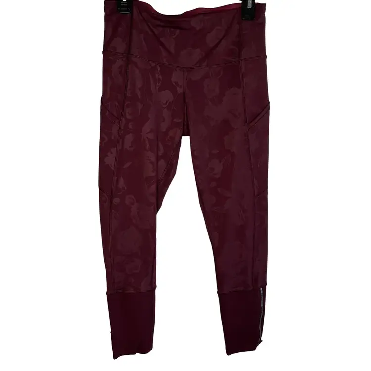 Lululemon Womens Rebel Runner Crop Leggings Burgundy Rose Print Zip Cuff Size 8