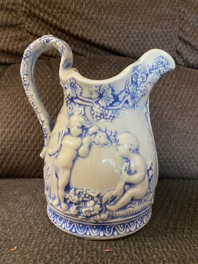 Ceramic Blue And White Pitcher With Cupids