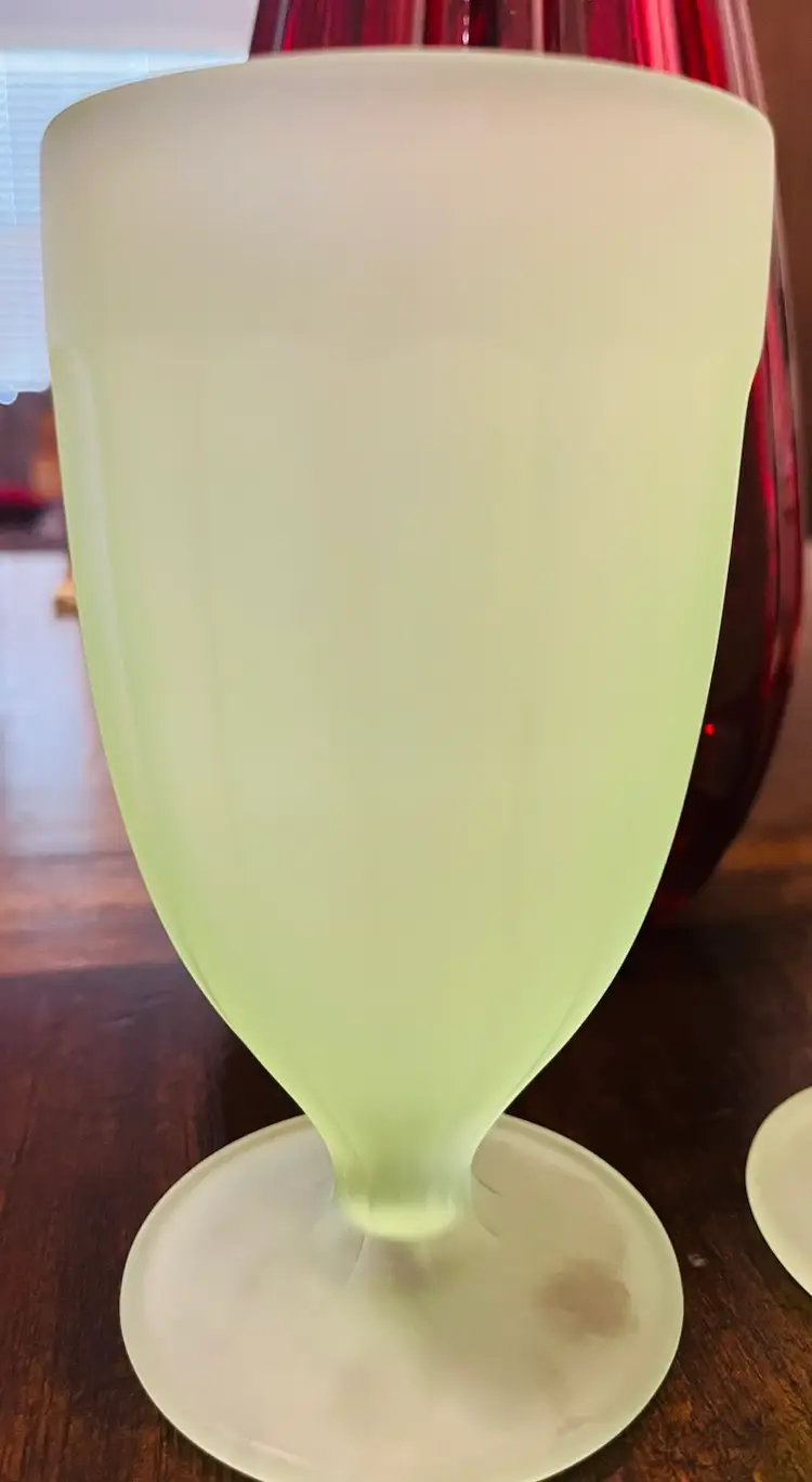 Vtg. Indiana Glass Tiara Exclusive Pair Of Satin Green Frosted Glass Goblets