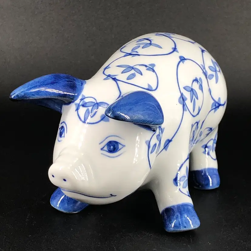 Blue and White Floral Andrea by Sadek? Ceramic Pig Figurine