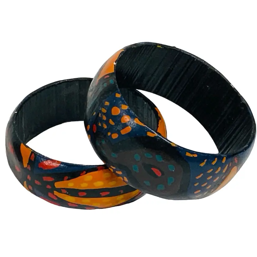 Lot Of 2 Colorful Vintage Hand Painted Hand Carved Wooden  Bangle 