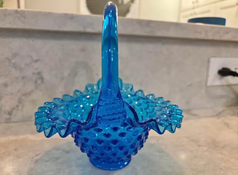 FENTON ART GLASS COLONIAL BLUE HOBNAIL BASKET WITH RUFFLED EDGES