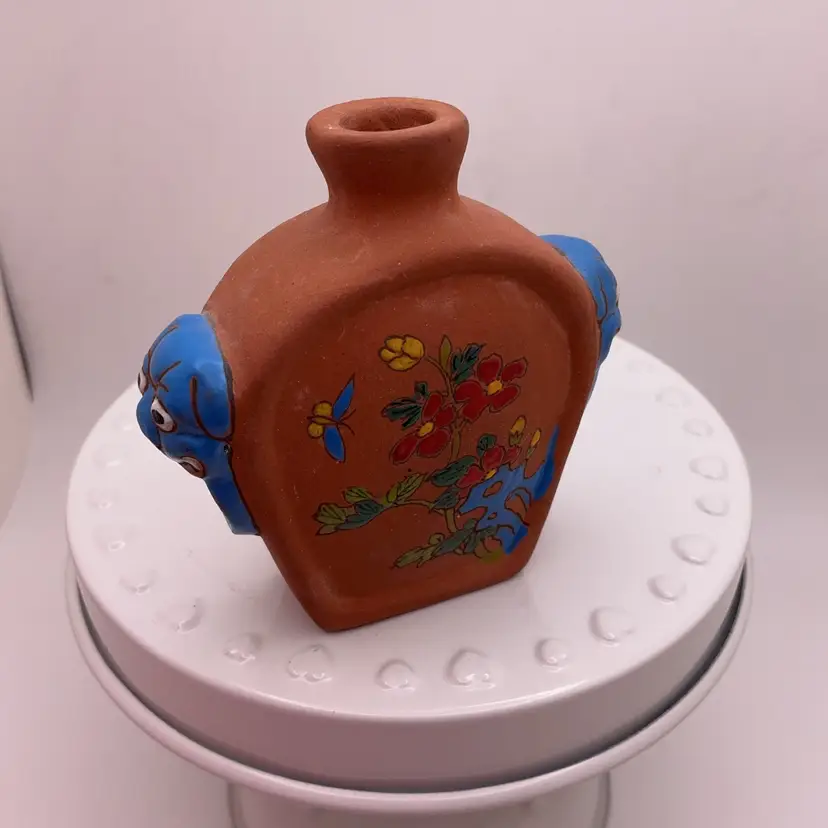 Miniature Terra Bud Vase with Foo Dogs Butterfly Praying Mantis 2.75”