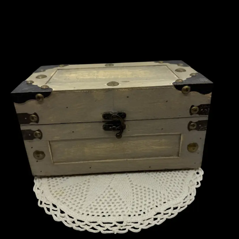 Hinged Treasure Chest Style Wooden Box, Gray Finish