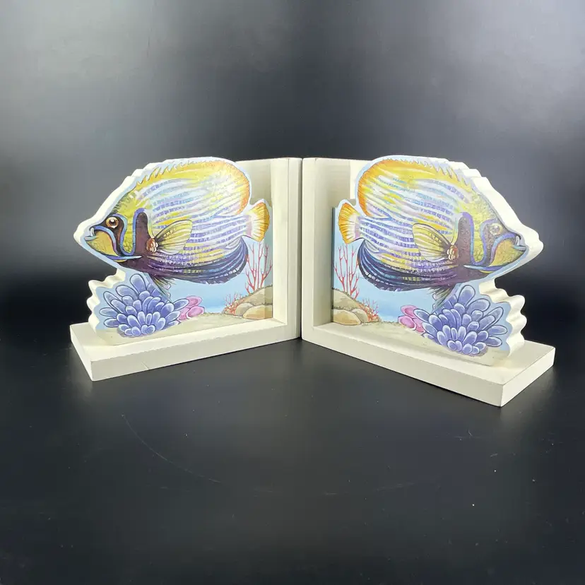 Tropical Emperor Angel Fish Bookends Wooden Beach Aquatic Underwater Decor