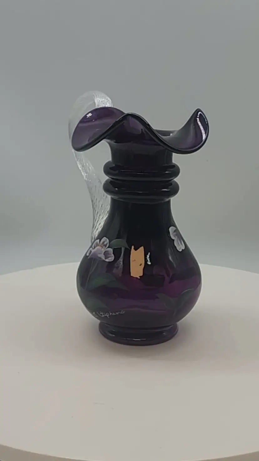 VINTAGE FENTON ROYAL PURPLE MESSENGER EXCLUSIVE EWER FLORAL SIGNED