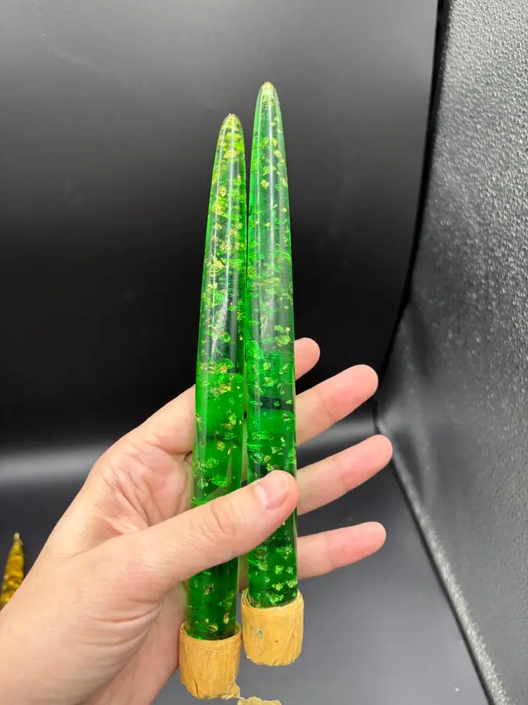 Pair Of Green Lucite Candles With Copper Flecks 8”