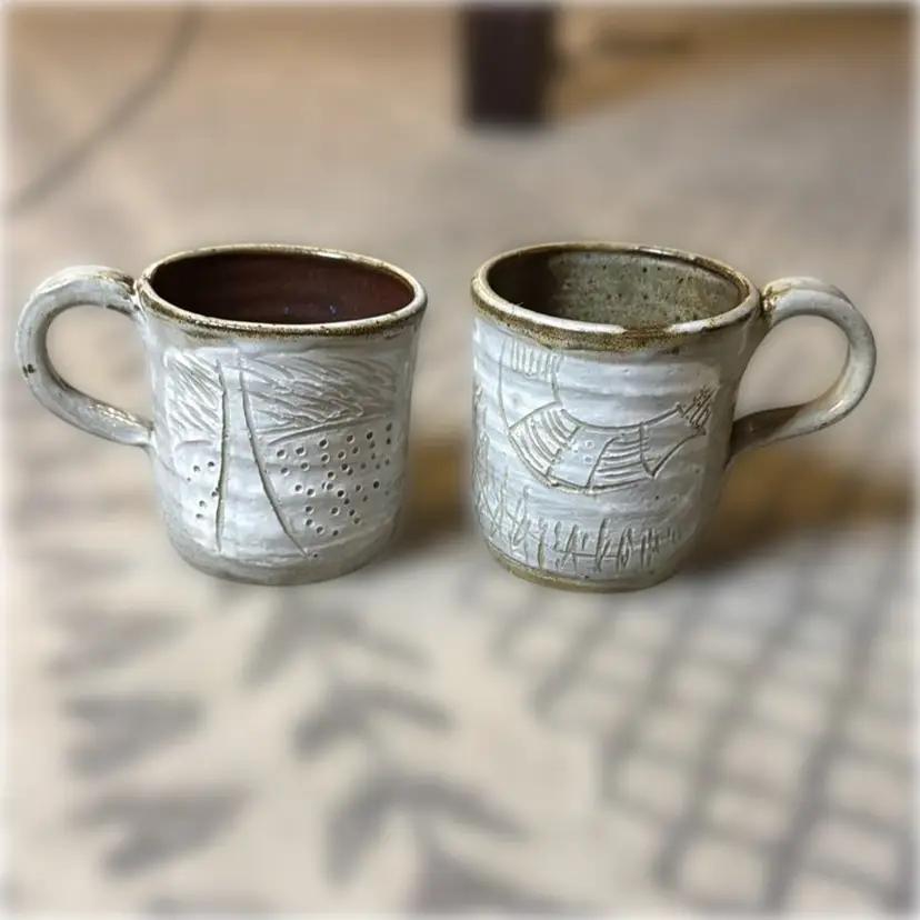 Pair of Hand-Signed Studio Pottery Coffee Mugs - 3.5” tall and 3.5” in diameter