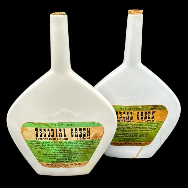 2 west german decor liquor bottles colorful print