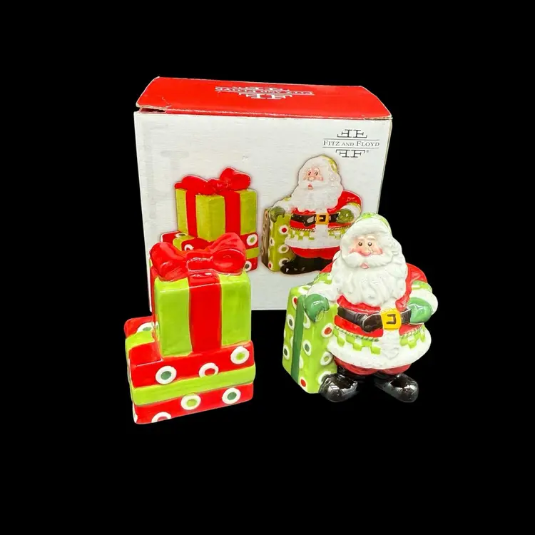 Fitz & Floyd Holiday Cheer Santa & Gifts Christmas Salt & Pepper Shaker Set