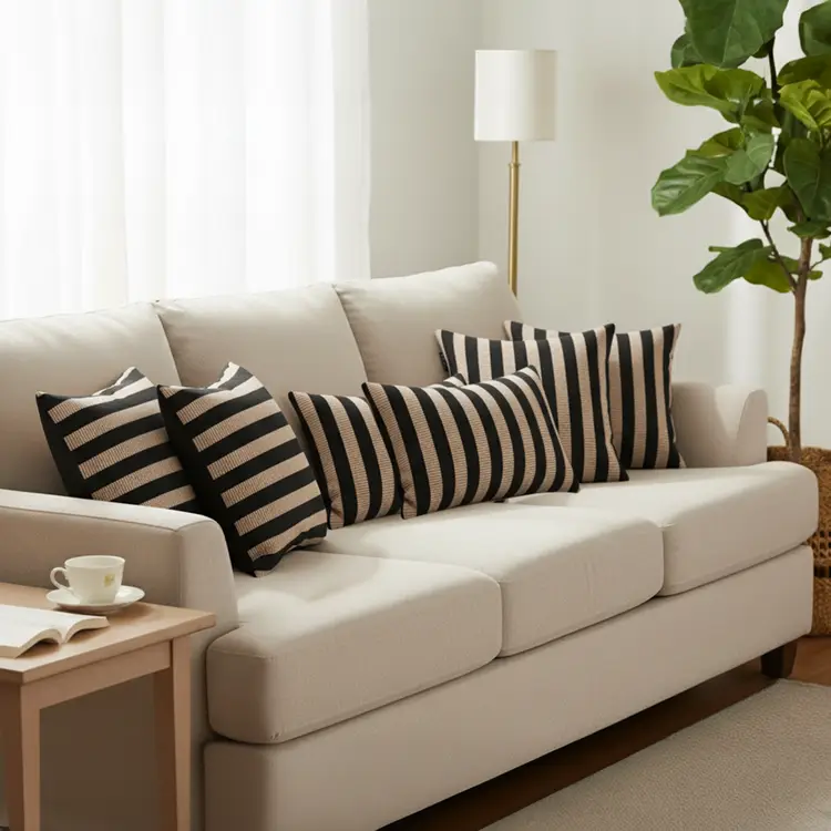 SOGA 6PC Modern Checkered & Black Tan Striped Rectangular Pillow Covers 30-45cm Set