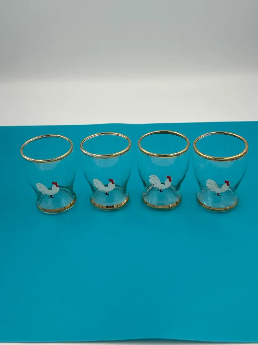 4 vintage mid-century shock glasses with rooster transferware design and gold rim