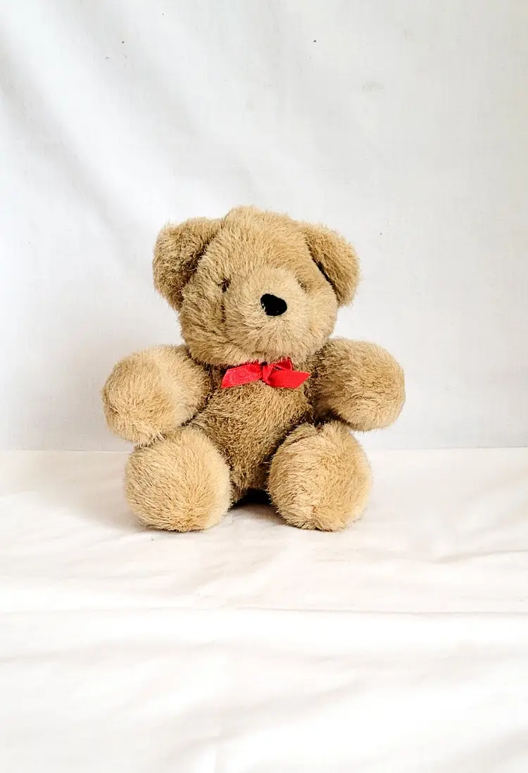 Tan Teddy Bear – Sitting Plush – Red Bow Tie – 7"