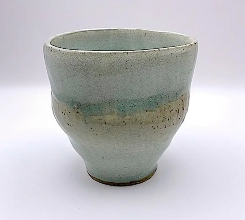 Handmade, abstract, pottery vase/pot in soft greens/tan