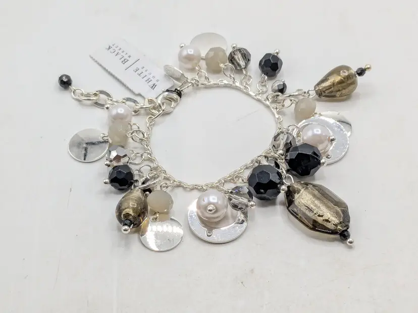 White House Black Market Silver Tone Black and White Charm Bracelet NWT
