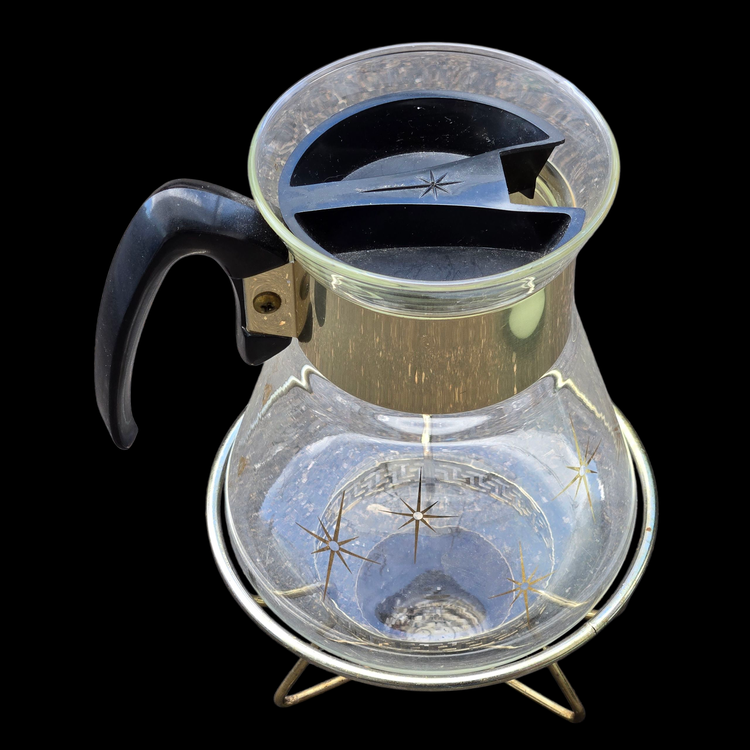 Corning Pyrex Coffee Carafe 1960s Atomic Starburst 4+ Cup Candle with Warmer Stand