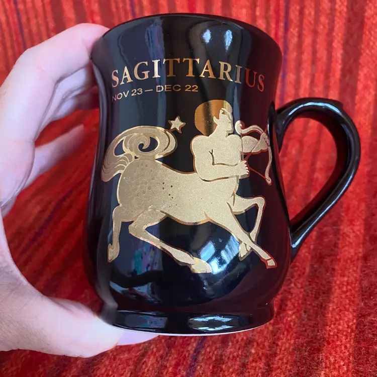 Vintage Sagittarius Zodiac Mug Black and Gold Ceramic Excellent 4.5"