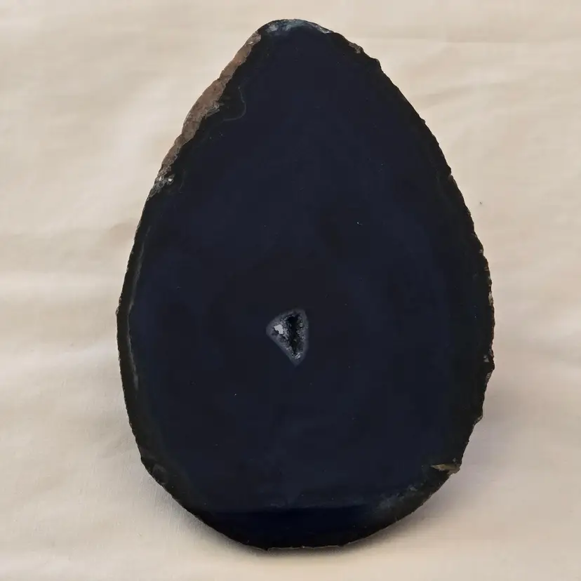 Polished Dark Blue Agate Stone Slice and Quartz Crystal Druzy Geode Center 4¾" Long 3⅛" Wide
