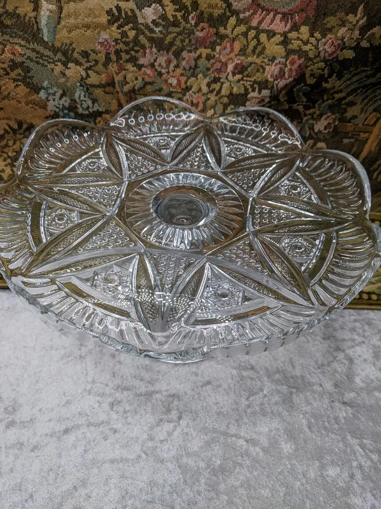 Early American Pressed Glass Pedestal Cake dish Plate Star beaded EAPG Glass Clear Heavy Flower Diamond pattern Gift Elegant Holiday