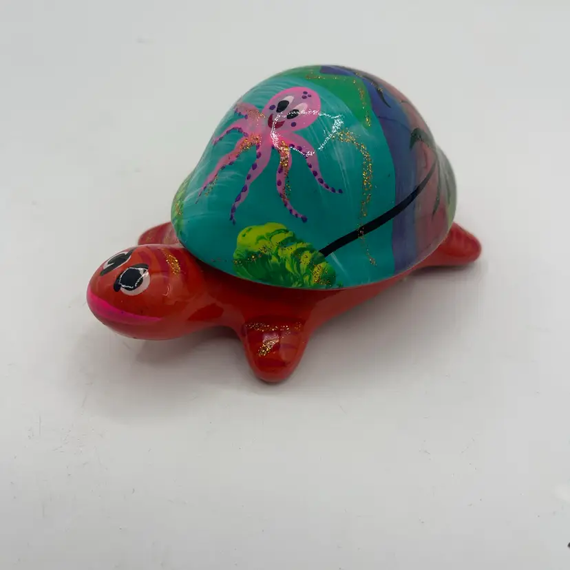 01-Talavera Turtle 4.25 Inches Has Octopus And Ocean Seen Paint Painted On It