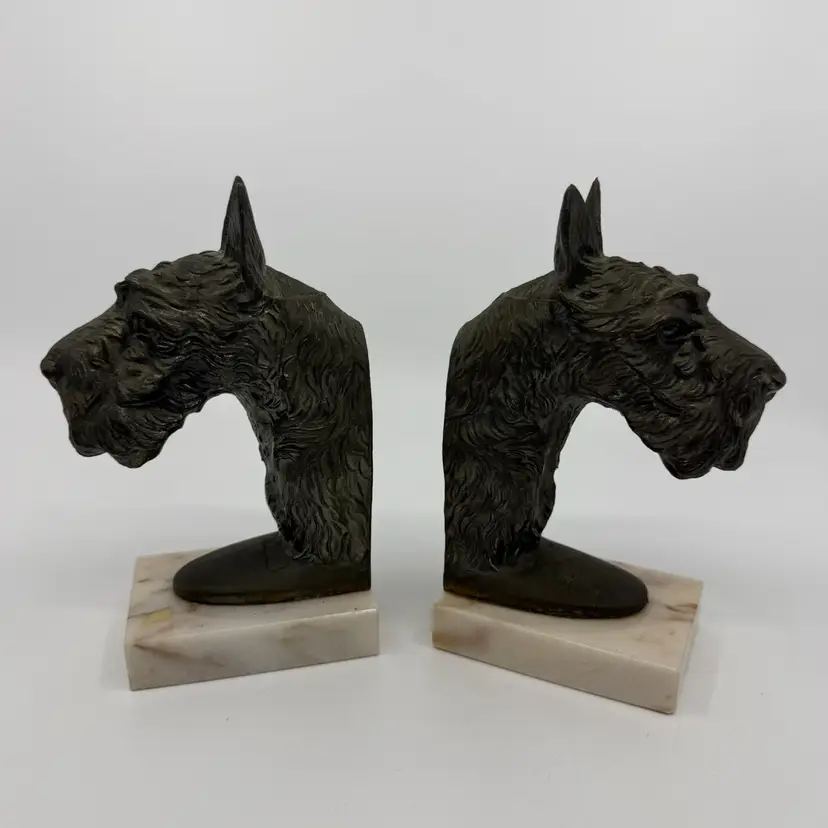 Vintage Brass/Metal & Marble Scottish Terrier Dog Bookends 6.75”