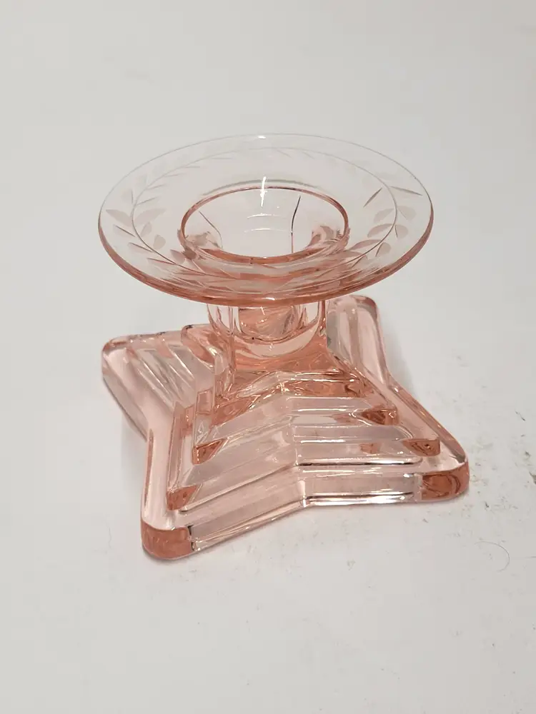 Pink Depression Glass Candle Holder Etched Flower Design