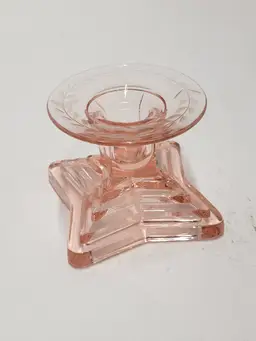 Pink Depression Glass Candle Holder Etched Flower Design