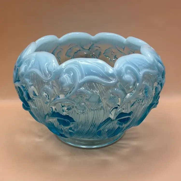 Fenton Opalescent Aqua Blue Lily Of The Valley Rose Bowl 5x3.5”