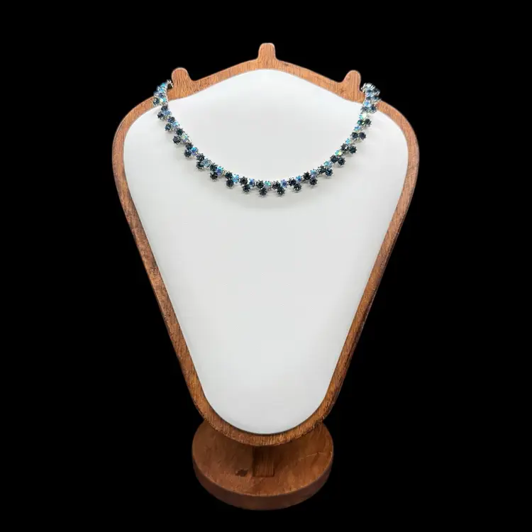 Vintage Trifari Silver-Tone Dark & Light AB Blue Rhinestone Necklace MCM