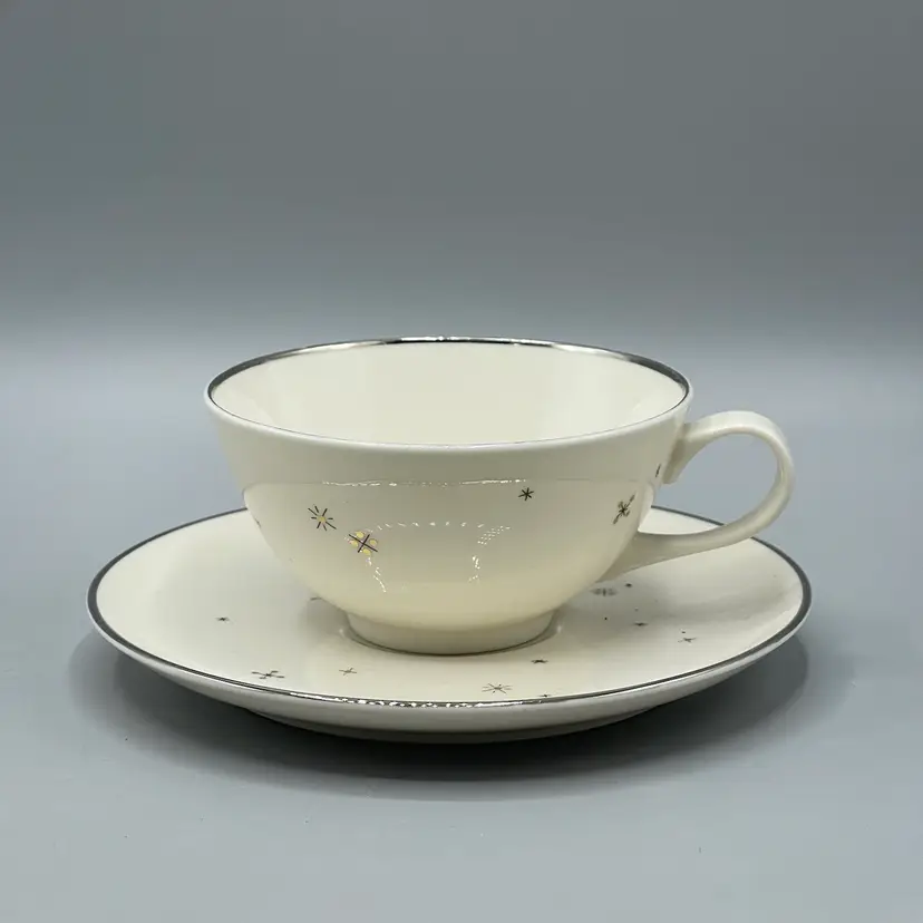 Vintage Syracuse China Evening Star Cup & Saucer MCM Atomic Silver Edge