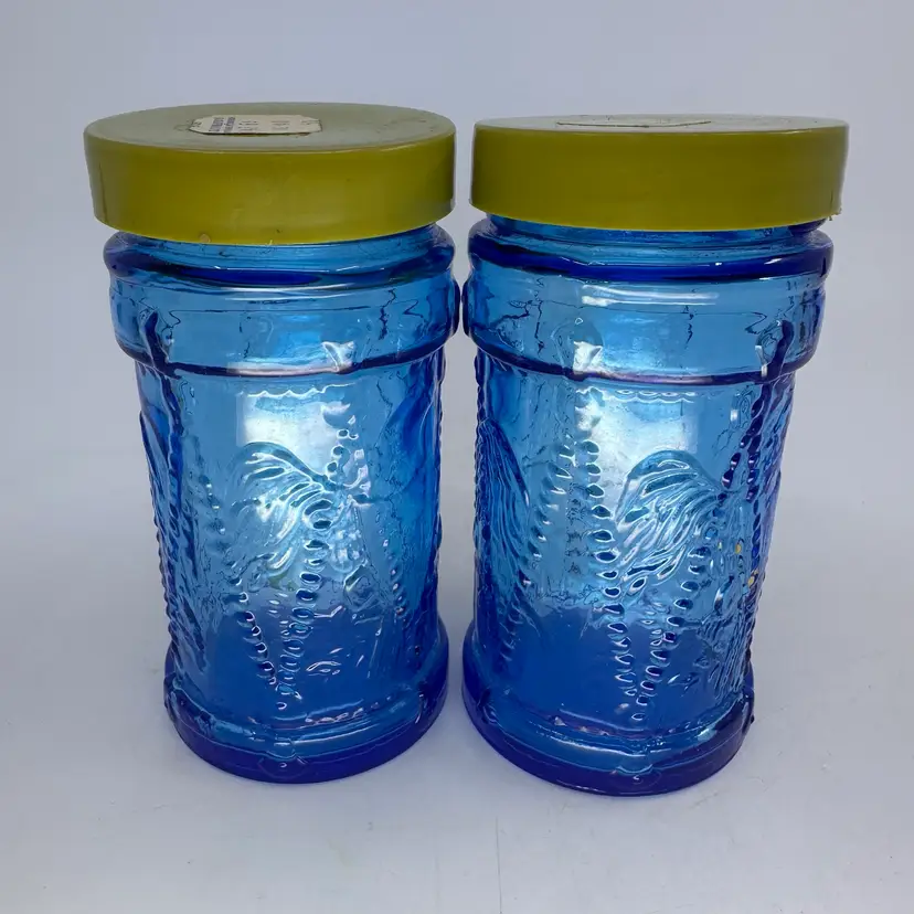 Rare Wheaton Blue Glass Embossed Eagle Jars With Original Lids & Stickers Set/2