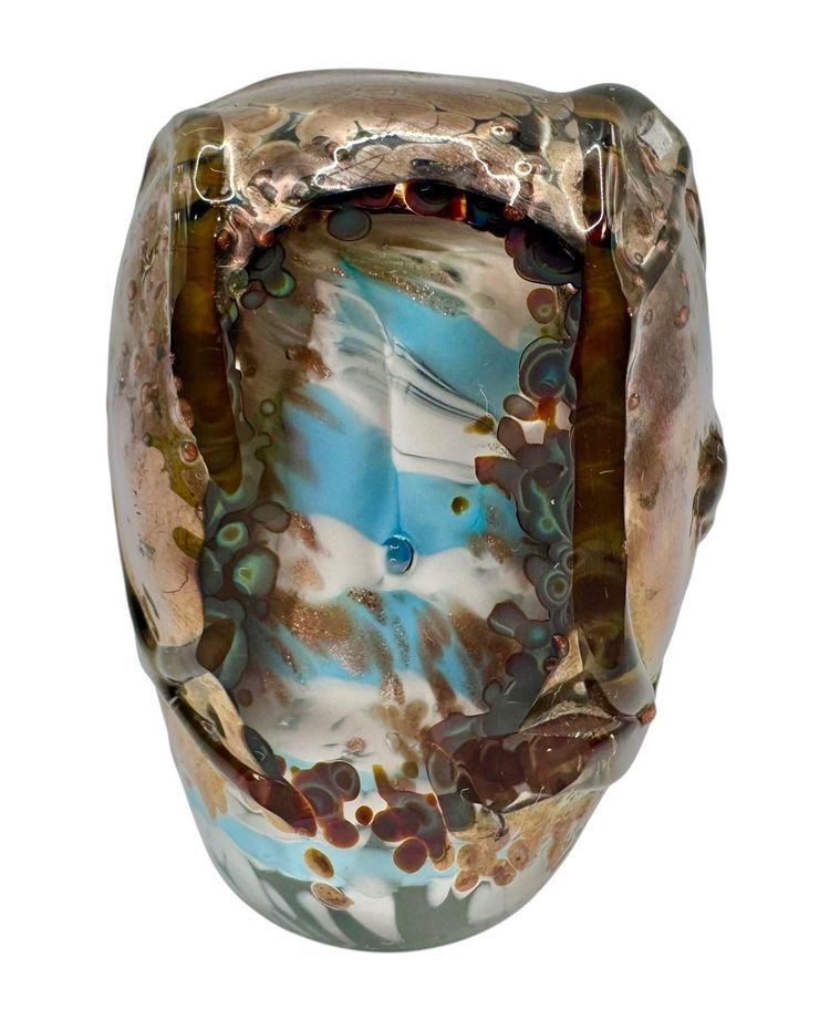 Vintage Signed New Morning Glass Art Paperweight Blue White Cased Metallic 3”