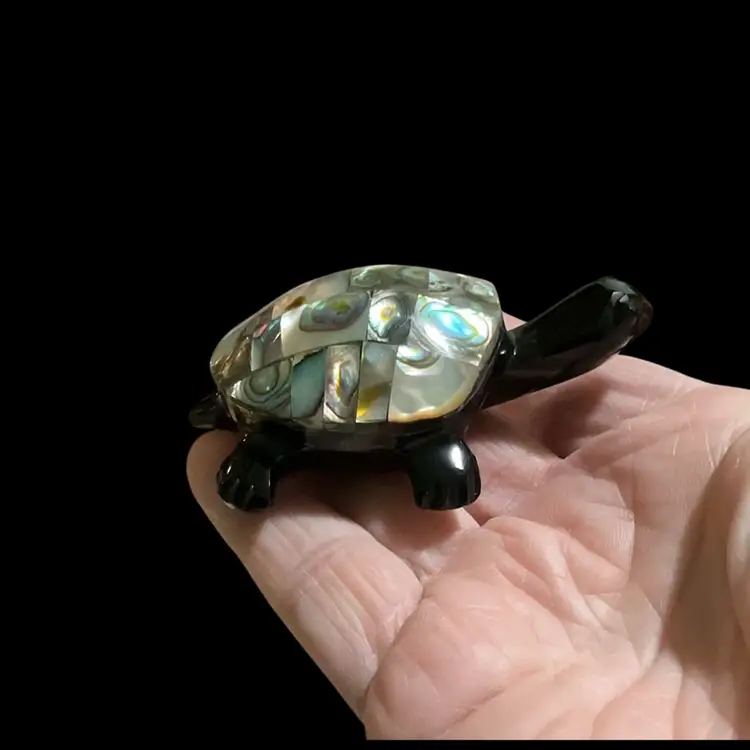 Gorgeous Small Blk Carved Obsidian Turtle With Abalone  Shell Inlay. NOTE There’s A Few Chip Spots On Bottom Of Turtle As Shown In Picture. Price Drop . Very Gorgeous Turtle 🐢