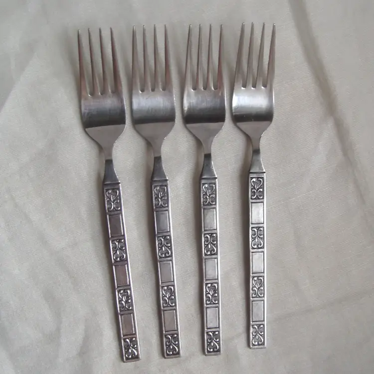 Vintage Stainless Japan Set of 4 Small Dessert Forks Retro Pattern