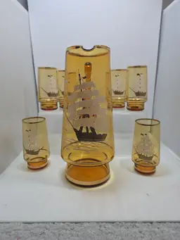 Vintage Amber Glass Ship Pitcher Set Gold Rim 6 Glasses MCM