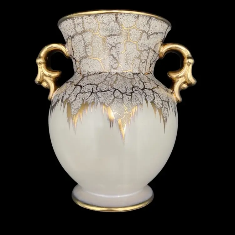MCM Dümler & Breiden Pottery, Germany, Cream & Gold Vase, 2 Gold Handles, #1245