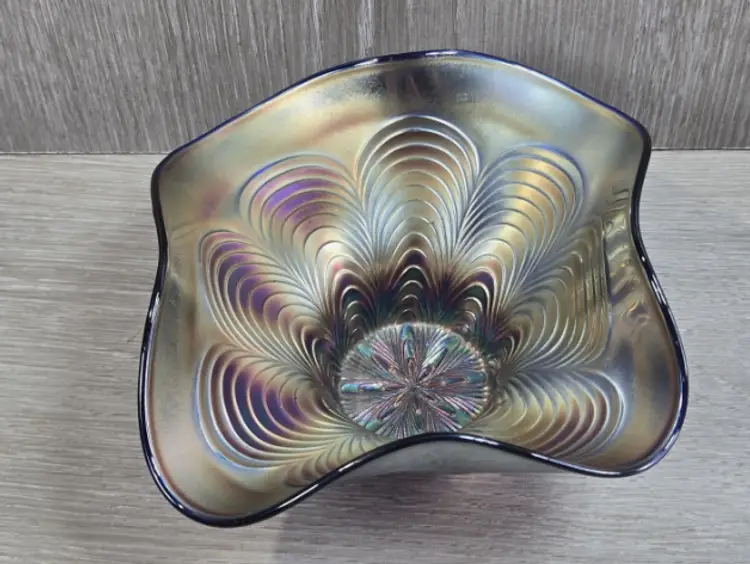 Fenton Carnival Glass Ruffled Hat Vase Bowl Peacock Tail Cobalt Blue Bowl