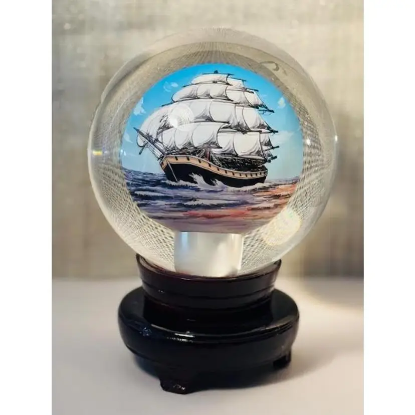 Vintage Tall Ship Glass Paperweight Turnable Ball Excellent Condition