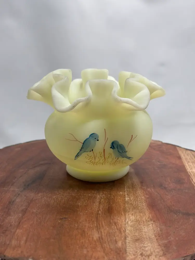 Vintage Fenton Satin Glass Custard UV Glow Signed Hand Painted Blue Birds Rose Bowl Ruffled