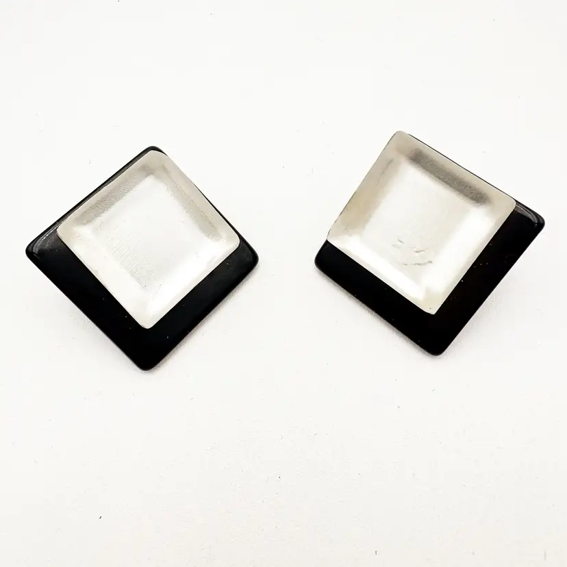 Vintage Earrings Acrylic Black Frosted Clear Square Pierced 1"