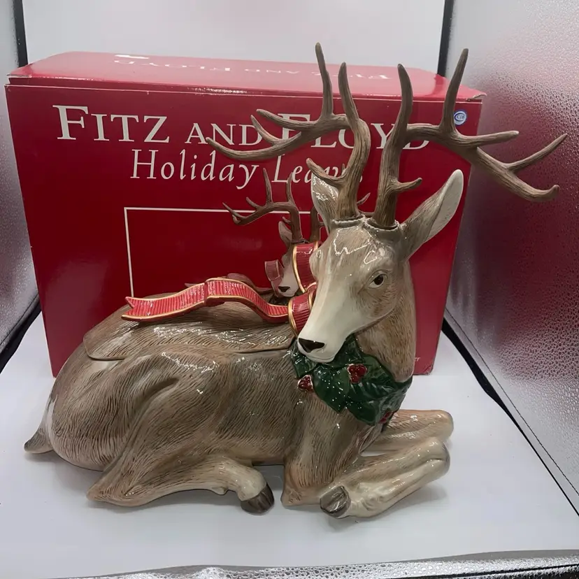 Fitz & Floyd Holiday Leaves Large Deer Centerpiece jar Handcrafted FF Classics