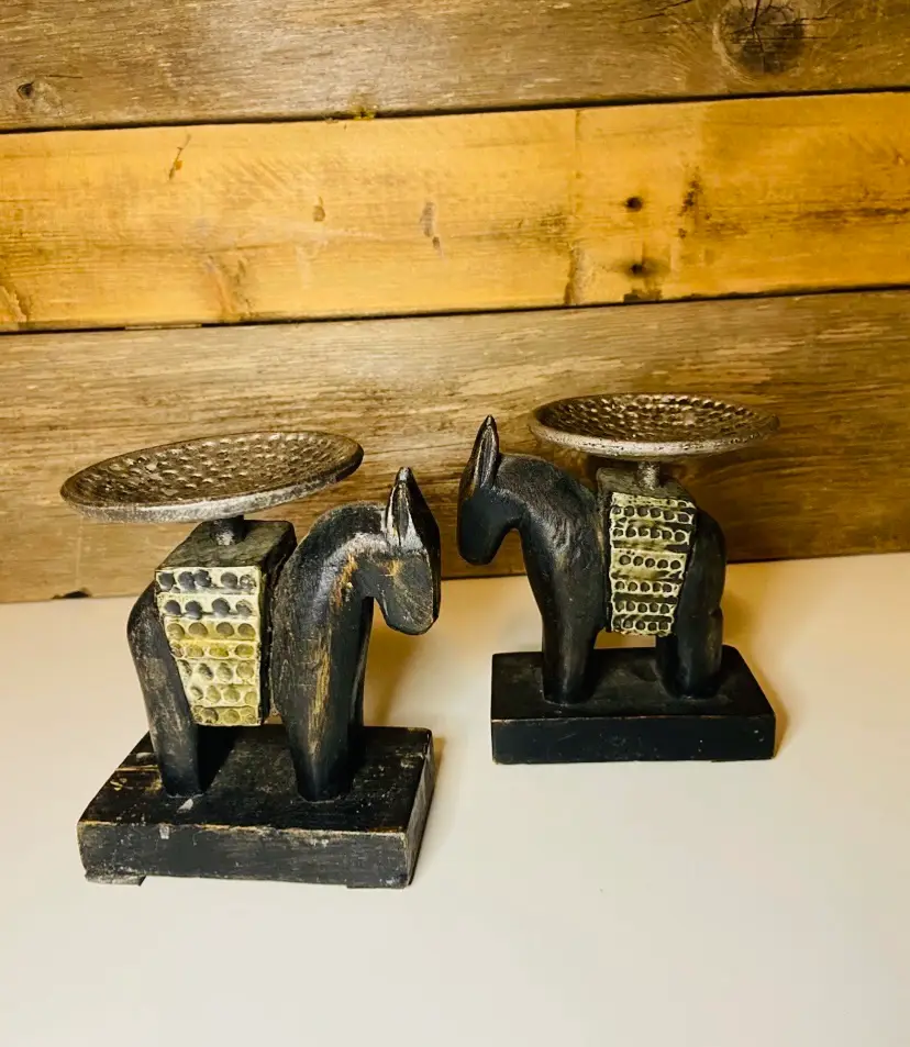 Vintage Wooden Donkey Incense Burners Candle Holders Folk Art Rustic Mid Century Global