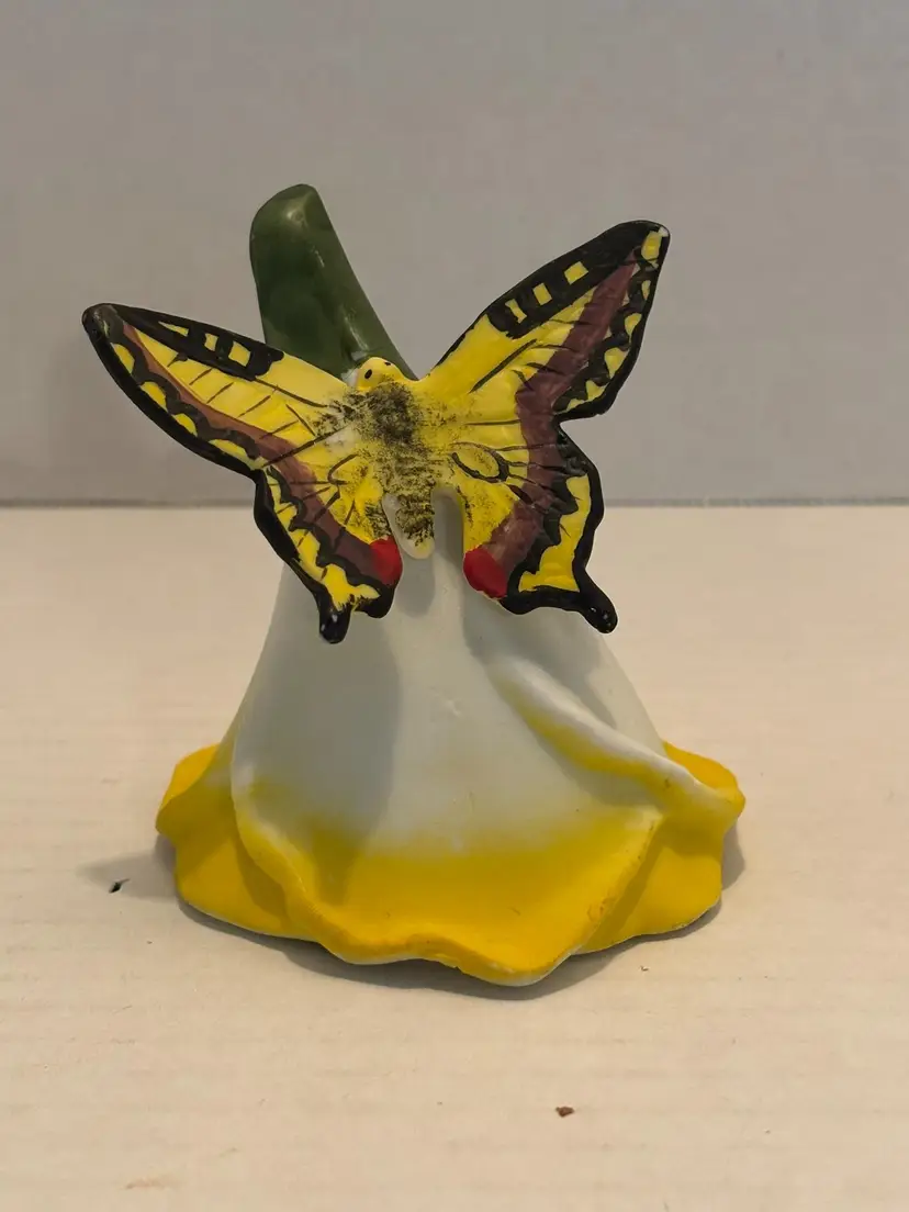 Vintage Porcelain Bell Swallowtail Butterfly on Yellow and White Flower Unbrand