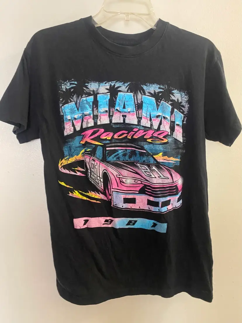 Vintage 80s Thrift Shop Exchange Mens Black Graphic Tee T Shirt M Racing 1981