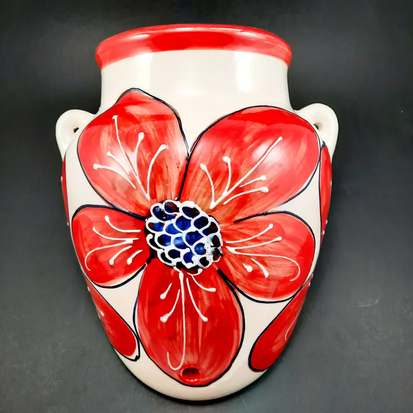 Handpainted Ivanros Spain Red White Blue Flower Wall Pocket Planter